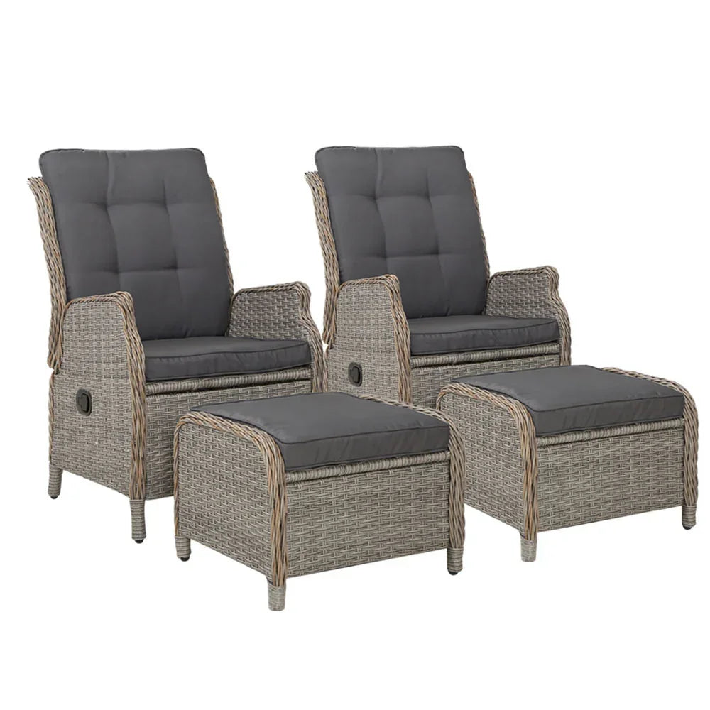 Gardeon 2PC Chair Sun lounge Wicker Lounger Outdoor Furniture with leg stool- Grey - Stacks Warehouse