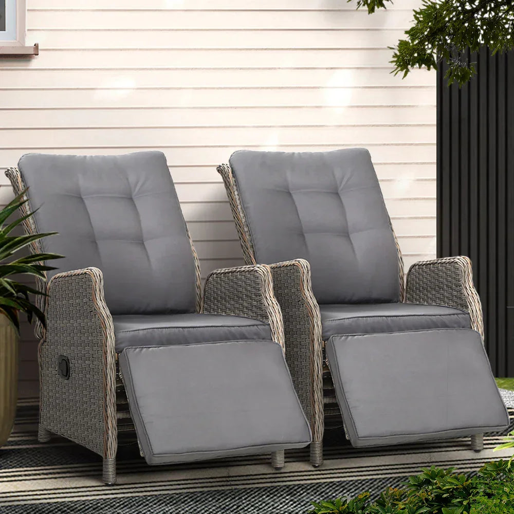 Gardeon 2PC Recliner Chairs Sun lounge Wicker Lounger Outdoor Furniture Adjustable Grey - Stacks Warehouse