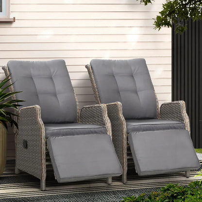Gardeon 2PC Recliner Chairs Sun lounge Wicker Lounger Outdoor Furniture Adjustable Grey - Stacks Warehouse