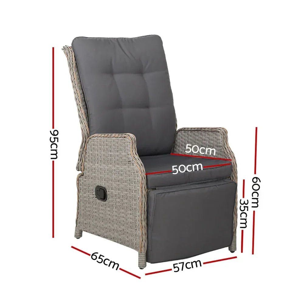 Gardeon 2PC Recliner Chairs Sun lounge Wicker Lounger Outdoor Furniture Adjustable Grey - Stacks Warehouse
