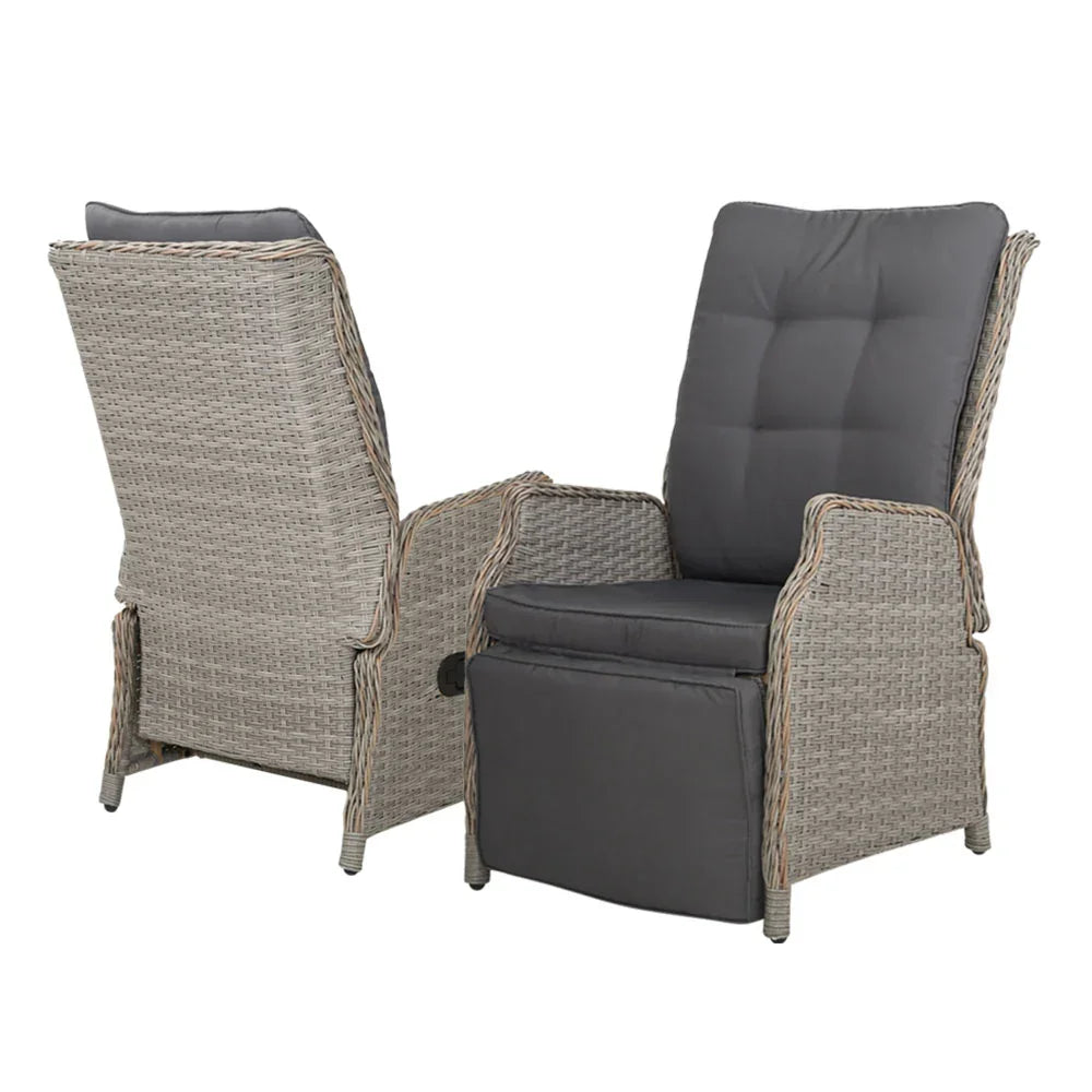Gardeon 2PC Recliner Chairs Sun lounge Wicker Lounger Outdoor Furniture Adjustable Grey - Stacks Warehouse