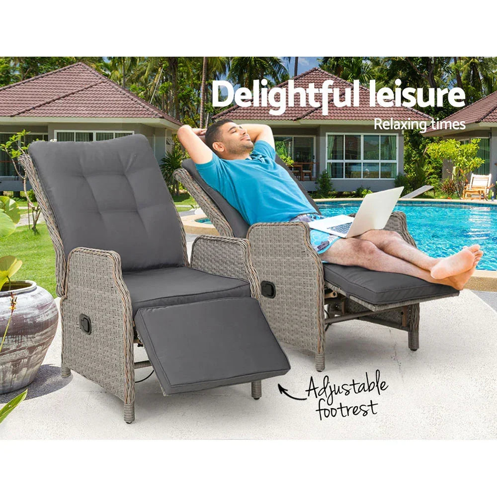 Gardeon 2PC Recliner Chairs Sun lounge Wicker Lounger Outdoor Furniture Adjustable Grey - Stacks Warehouse