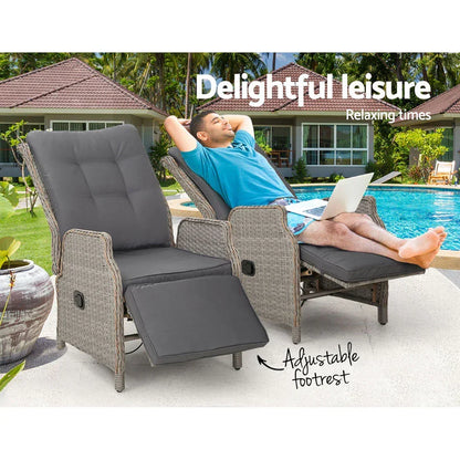 Gardeon 2PC Recliner Chairs Sun lounge Wicker Lounger Outdoor Furniture Adjustable Grey - Stacks Warehouse