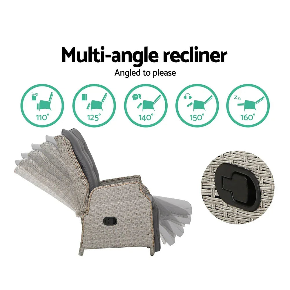 Gardeon 2PC Recliner Chairs Sun lounge Wicker Lounger Outdoor Furniture Adjustable Grey - Stacks Warehouse