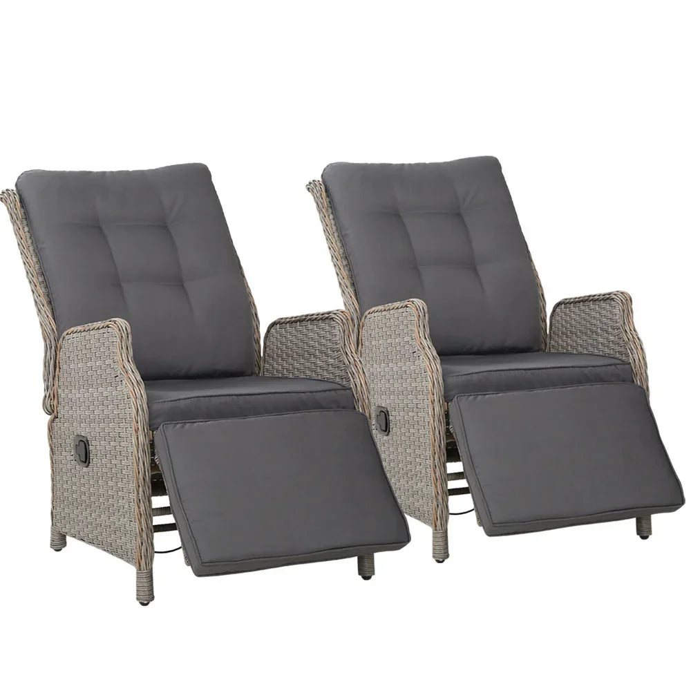 Gardeon 2PC Recliner Chairs Sun lounge Wicker Lounger Outdoor Furniture Adjustable Grey - Stacks Warehouse