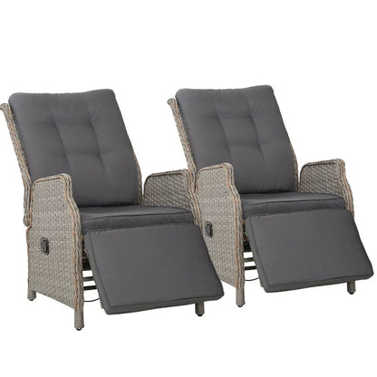 Gardeon 2PC Recliner Chairs Sun lounge Wicker Lounger Outdoor Furniture Adjustable Grey - Stacks Warehouse