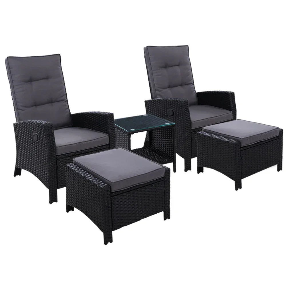 Gardeon 5PC Recliner Chairs Table Sun lounge Wicker Outdoor Furniture Adjustable Black - Stacks Warehouse