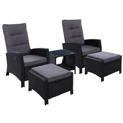 Gardeon 5PC Recliner Chairs Table Sun lounge Wicker Outdoor Furniture Adjustable Black - Stacks Warehouse