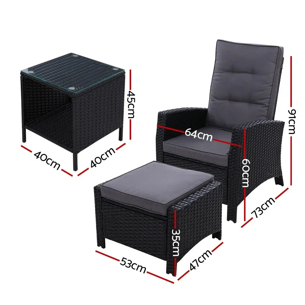 Gardeon 5PC Recliner Chairs Table Sun lounge Wicker Outdoor Furniture Adjustable Black - Stacks Warehouse