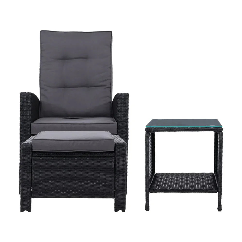 Gardeon 5PC Recliner Chairs Table Sun lounge Wicker Outdoor Furniture Adjustable Black - Stacks Warehouse