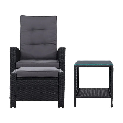 Gardeon 5PC Recliner Chairs Table Sun lounge Wicker Outdoor Furniture Adjustable Black - Stacks Warehouse
