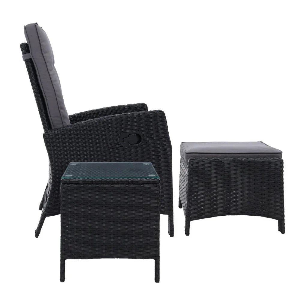 Gardeon 5PC Recliner Chairs Table Sun lounge Wicker Outdoor Furniture Adjustable Black - Stacks Warehouse