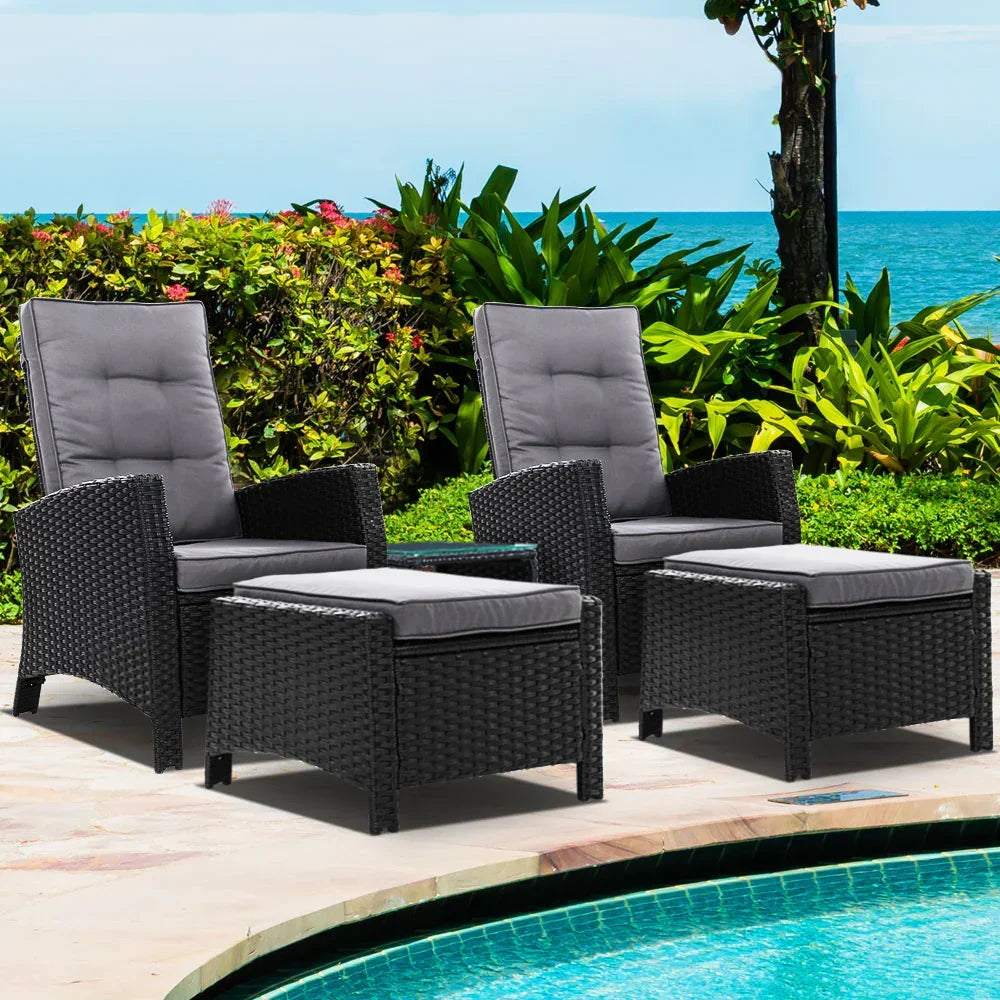 Gardeon 5PC Recliner Chairs Table Sun lounge Wicker Outdoor Furniture Adjustable Black - Stacks Warehouse