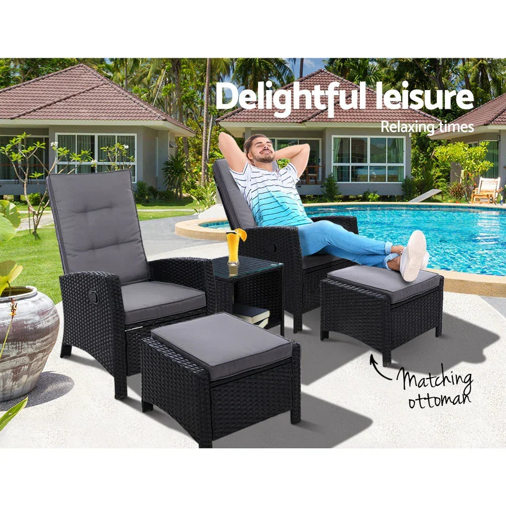 Gardeon 5PC Recliner Chairs Table Sun lounge Wicker Outdoor Furniture Adjustable Black - Stacks Warehouse
