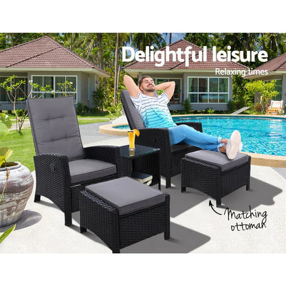 Gardeon 5PC Recliner Chairs Table Sun lounge Wicker Outdoor Furniture Adjustable Black - Stacks Warehouse
