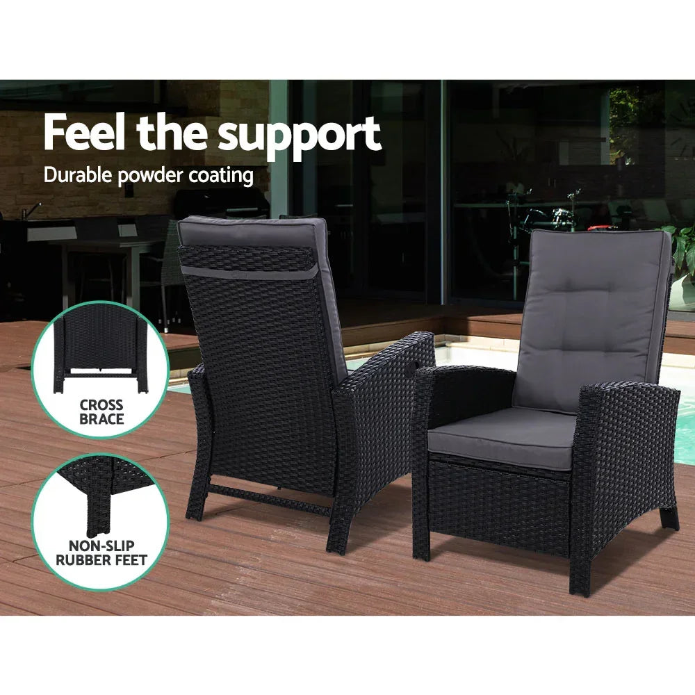 Gardeon 5PC Recliner Chairs Table Sun lounge Wicker Outdoor Furniture Adjustable Black - Stacks Warehouse