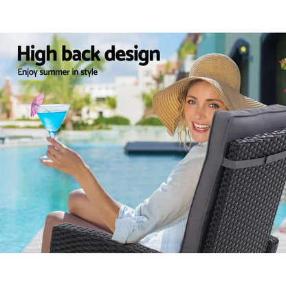 Gardeon 5PC Recliner Chairs Table Sun lounge Wicker Outdoor Furniture Adjustable Black - Stacks Warehouse