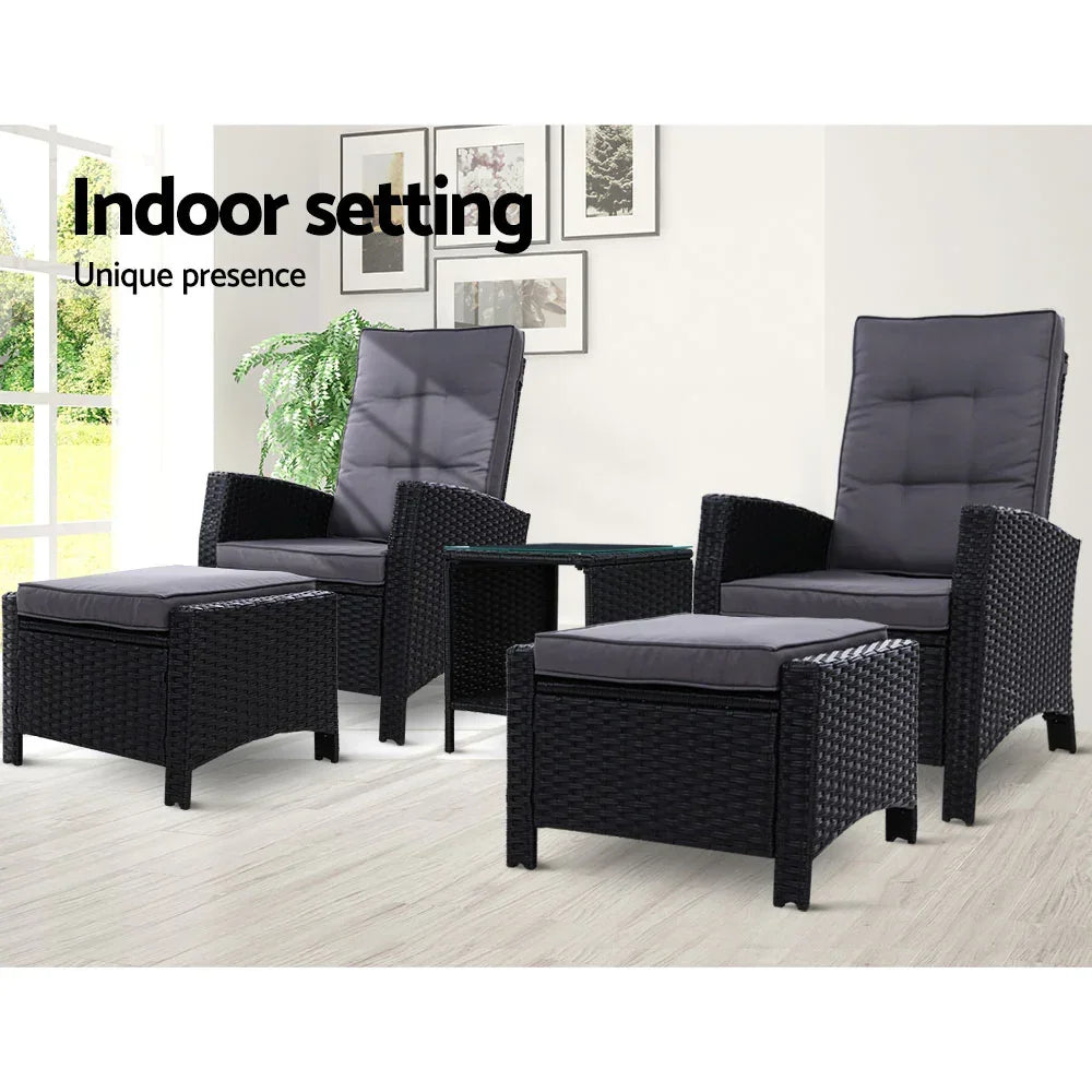Gardeon 5PC Recliner Chairs Table Sun lounge Wicker Outdoor Furniture Adjustable Black - Stacks Warehouse