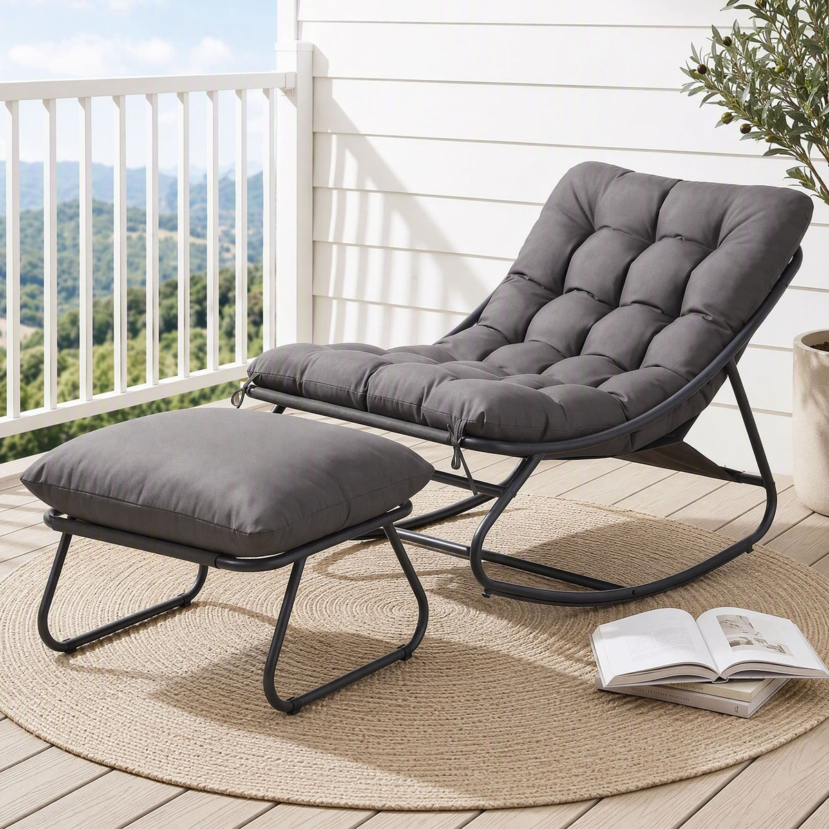 Gardeon Rocking Chair with Footrest - Grey Cushion