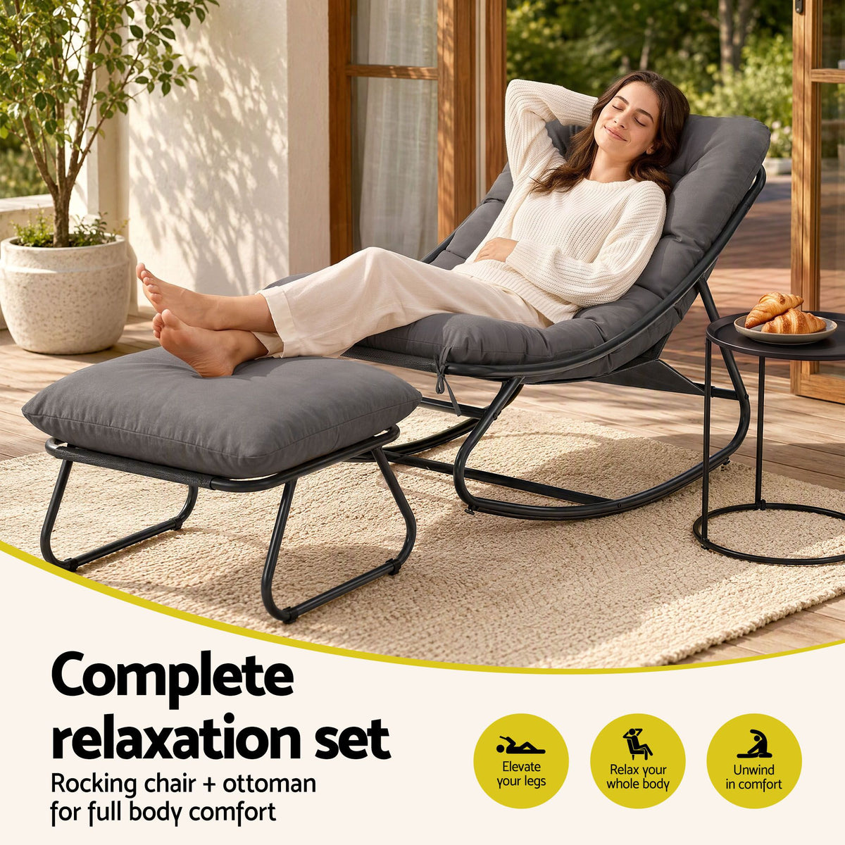 Gardeon Rocking Chair with Footrest - Grey Cushion - view 5