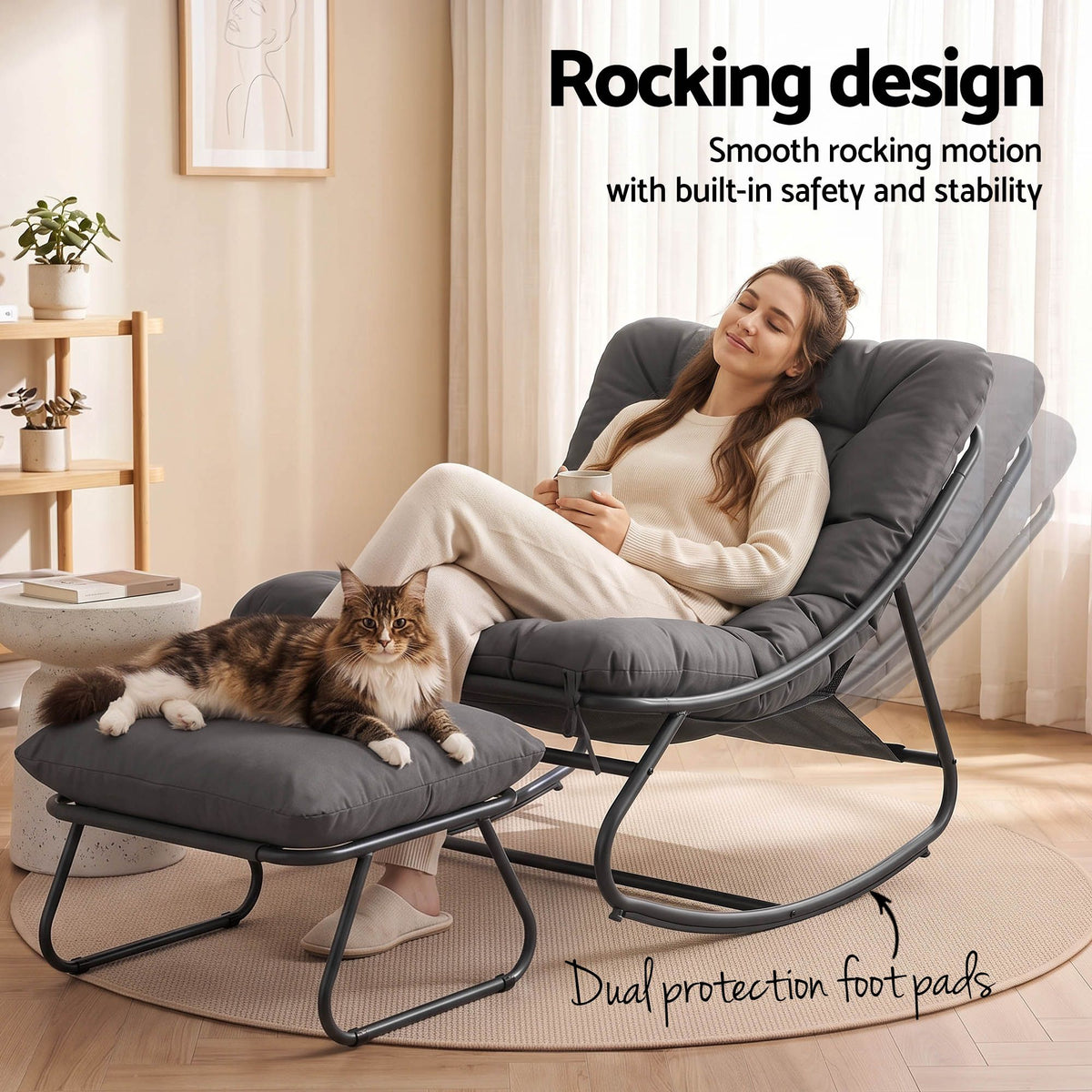 Gardeon Rocking Chair with Footrest - Grey Cushion - view 7