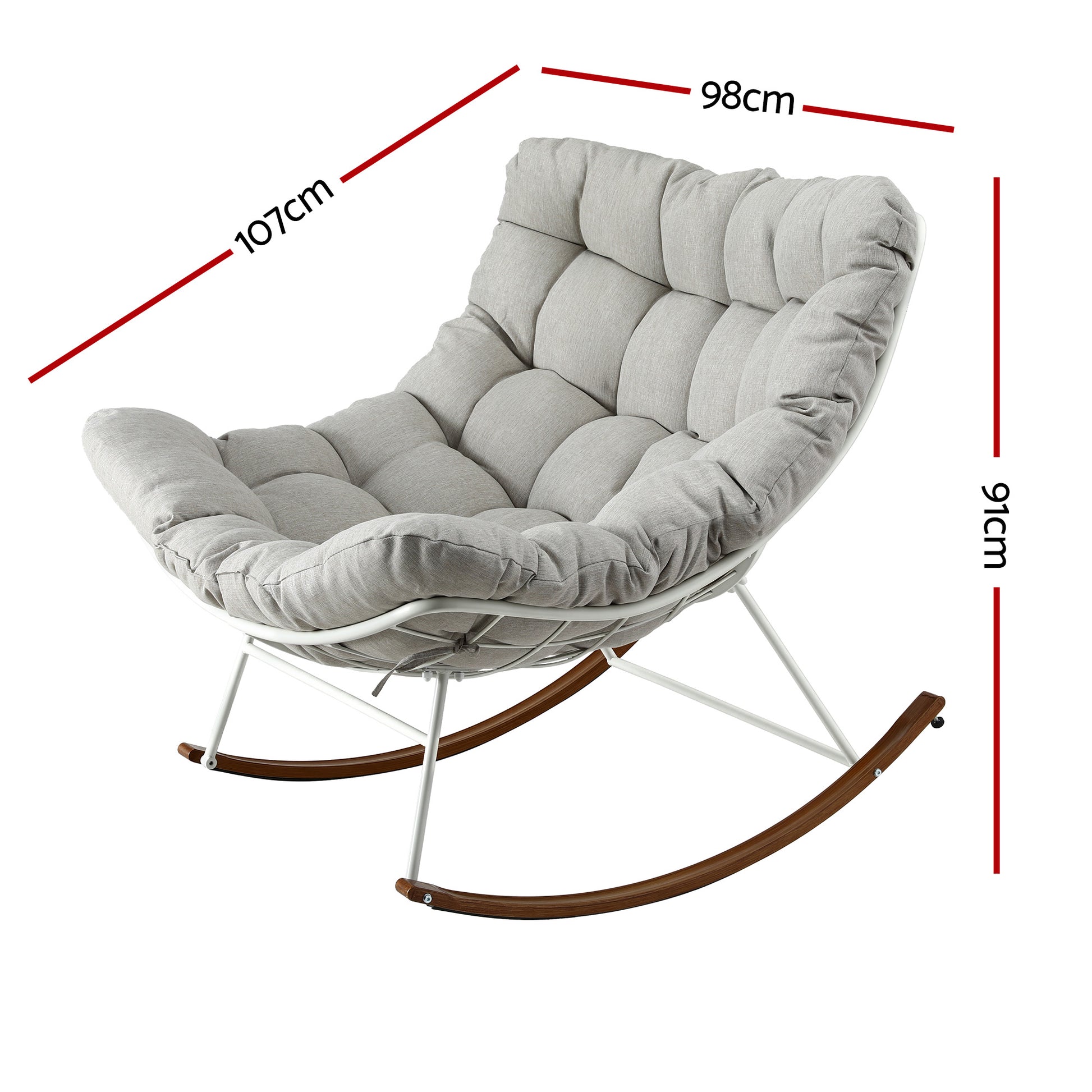 Grey padded rocking chair with white frame & wooden rockers, 98cm wide, 91cm high, 107cm depth