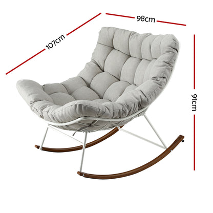 Grey padded rocking chair with white frame & wooden rockers, 98cm wide, 91cm high, 107cm depth