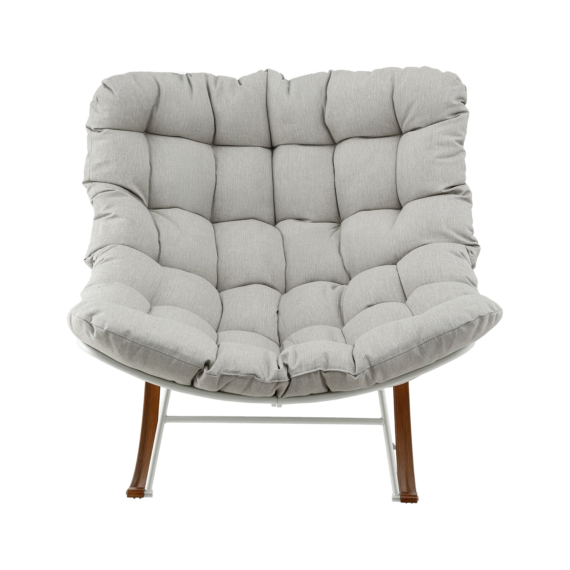 Gray tufted armchair with wooden legs, modern cozy seating for living room