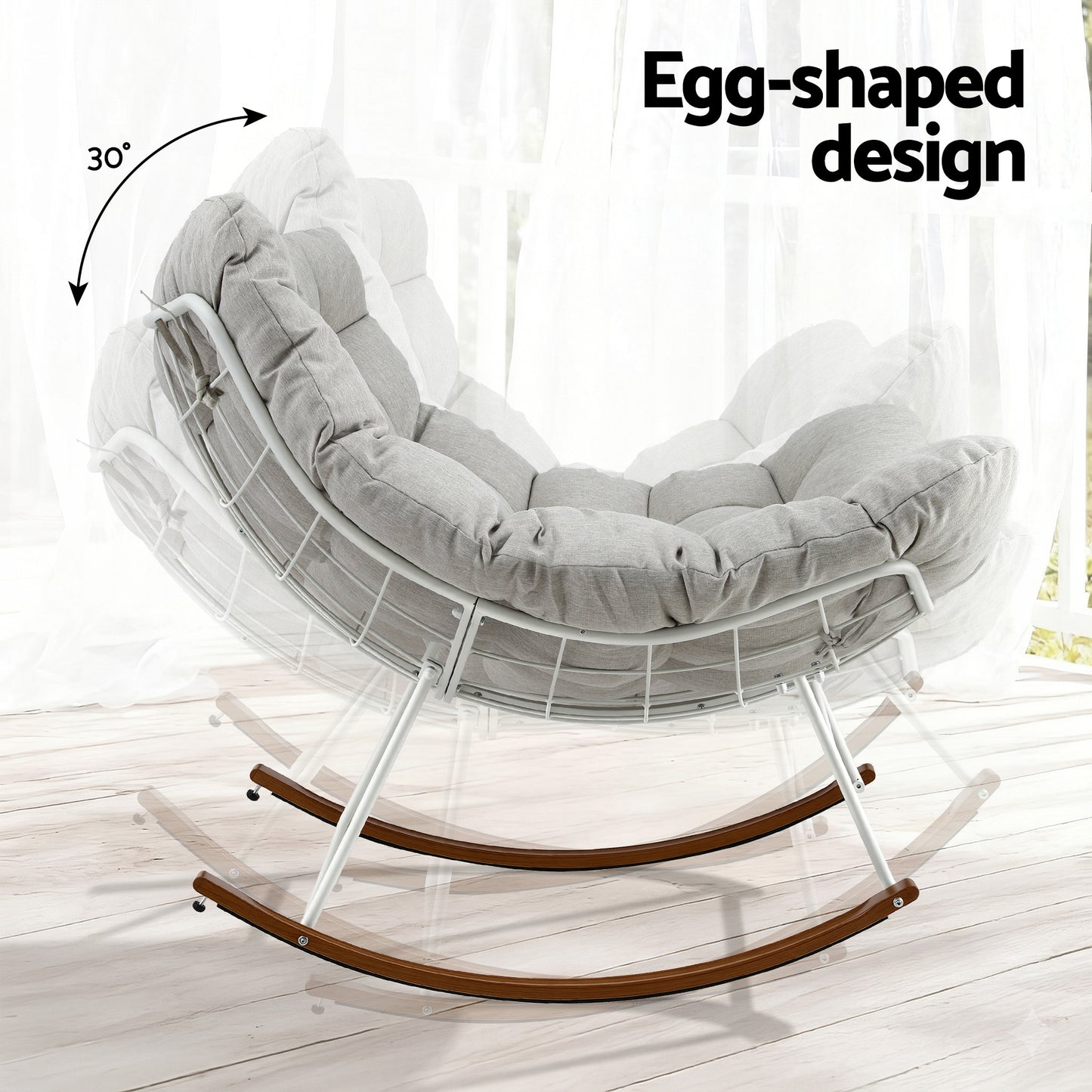 Egg-shaped rocking chair with 30° recline, grey cushion, white frame, wooden rockers, indoor use