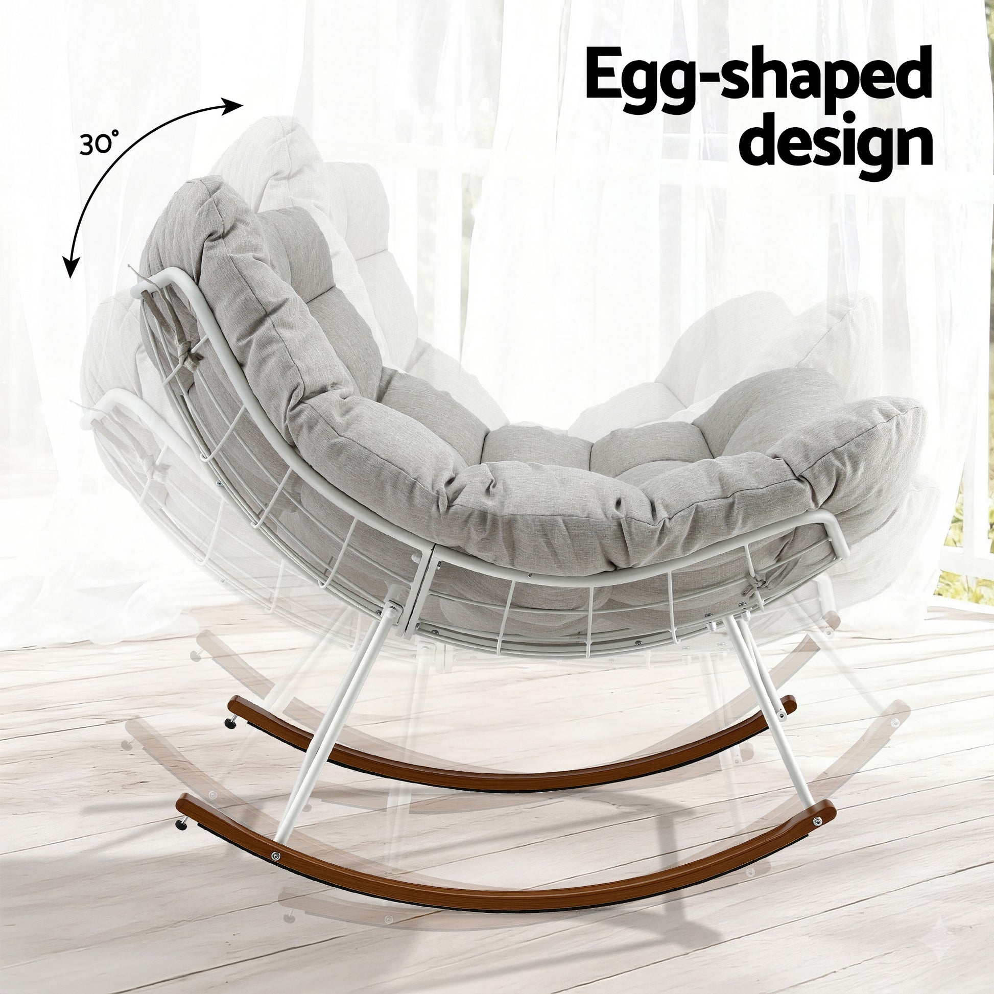 Egg-shaped rocking chair with 30° recline, grey cushion, white frame, wooden rockers, indoor use