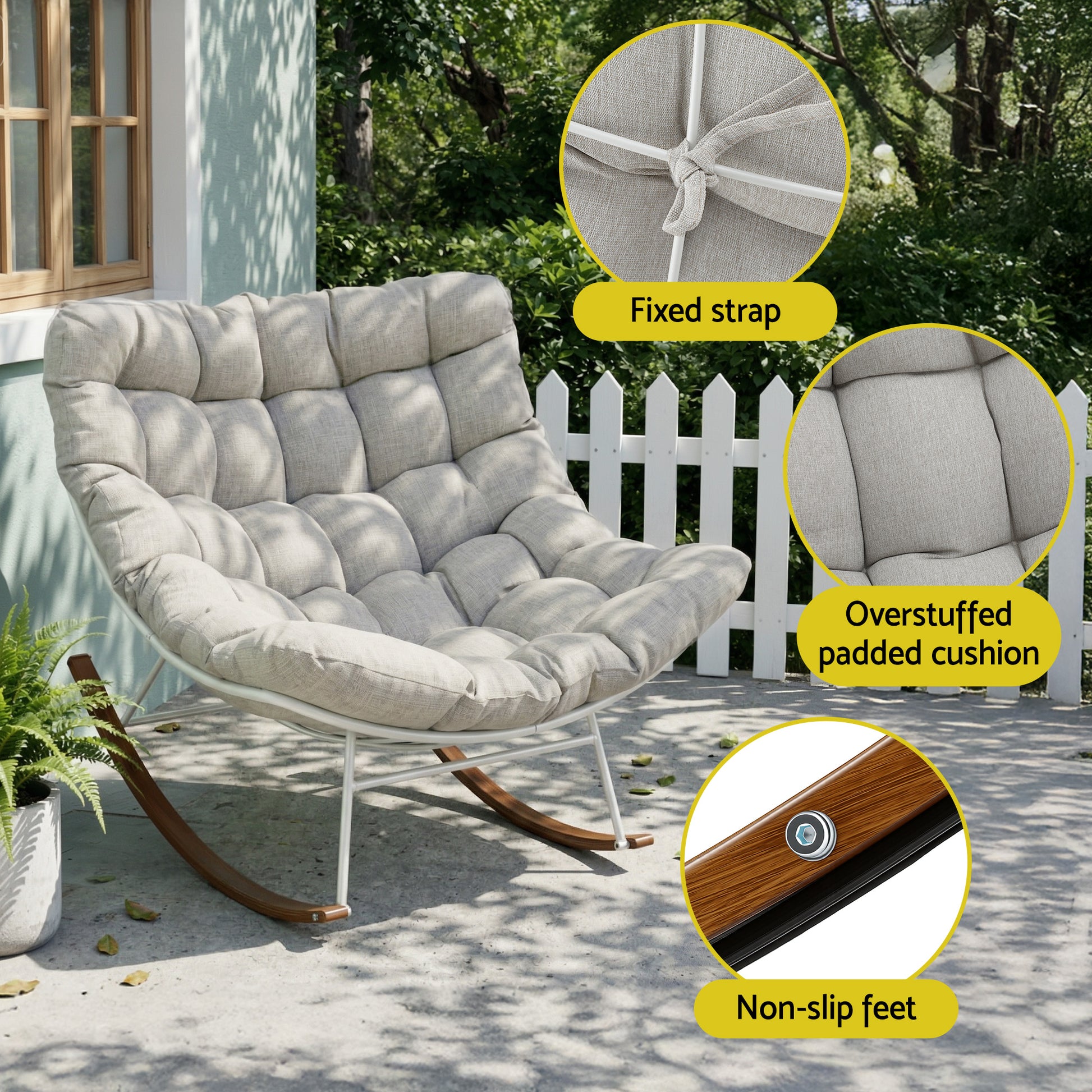 Comfortable outdoor rocking chair with overstuffed cushion, fixed strap, and non-slip feet for patio use