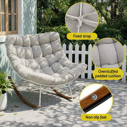 Comfortable outdoor rocking chair with overstuffed cushion, fixed strap, and non-slip feet for patio use