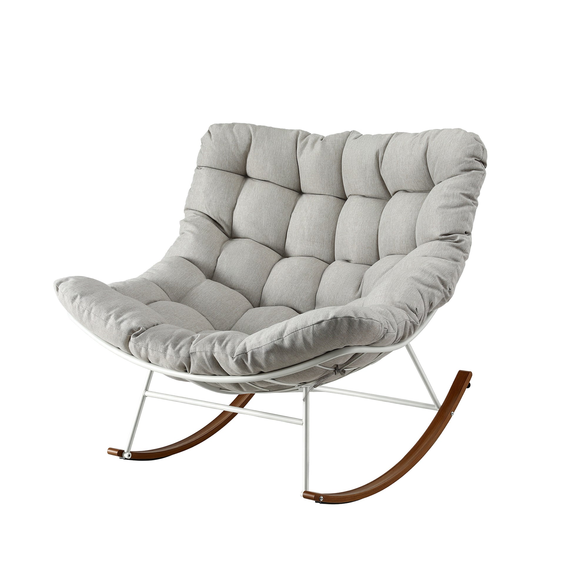 Gray tufted butterfly rocking chair with white metal frame and wood rockers, modern lounge seating