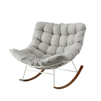 Gray tufted butterfly rocking chair with white metal frame and wood rockers, modern lounge seating