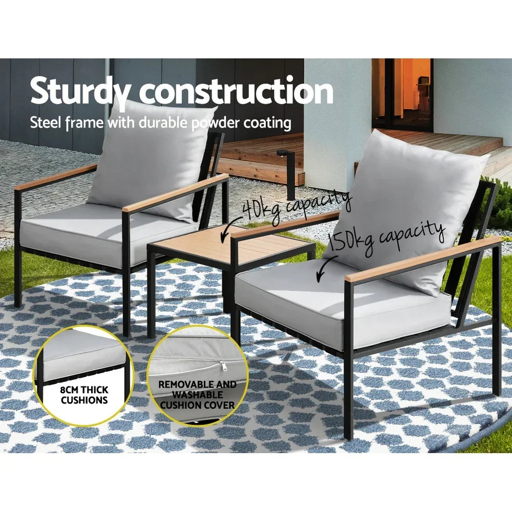 Gardeon 3PC Outdoor Furniture Bistro Set Lounge Setting Chairs Table Patio Black - Stacks Warehouse