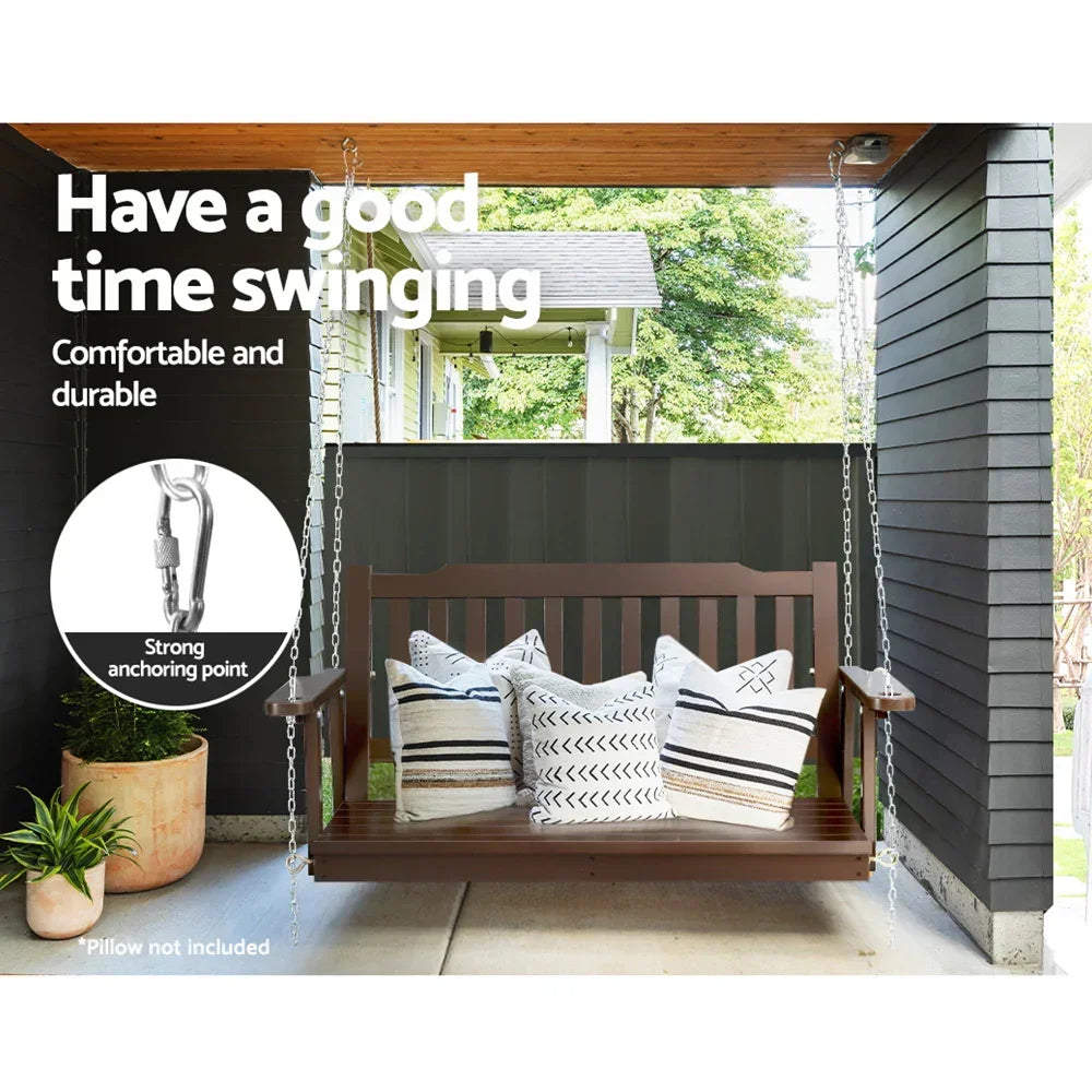 Gardeon Porch Swing Chair With Chain Outdoor Furniture Wooden Bench 2 Seat Brown - Stacks Warehouse