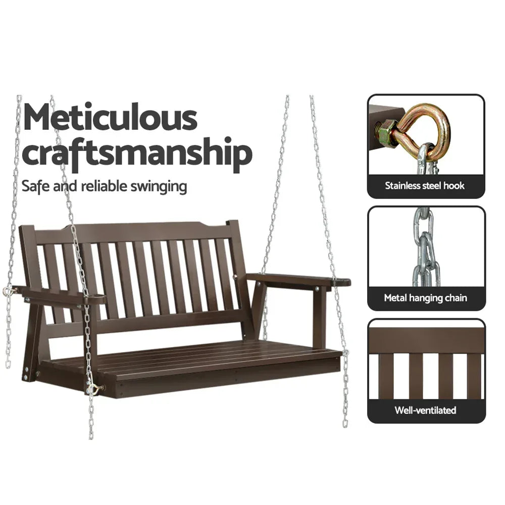 Gardeon Porch Swing Chair With Chain Outdoor Furniture Wooden Bench 2 Seat Brown - Stacks Warehouse