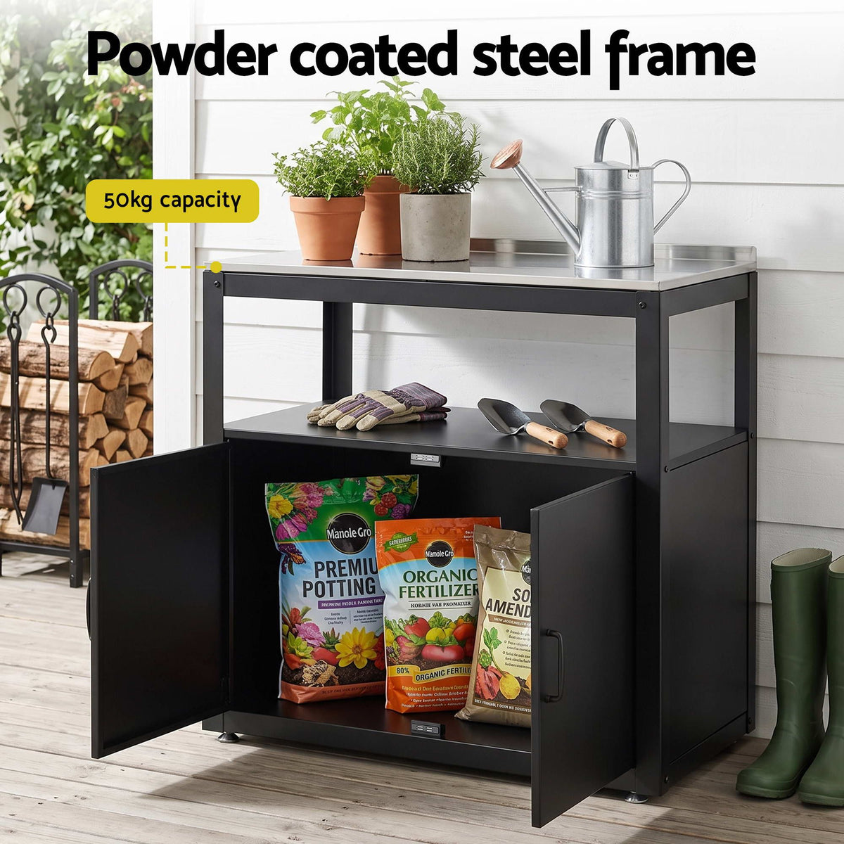 Gardeon Outdoor Storage Cabinet Garden Potting Bench Stainless Steel Table Top Black