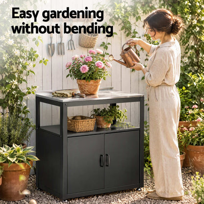 Gardeon Outdoor Storage Cabinet Garden Potting Bench Stainless Steel Table Top Black