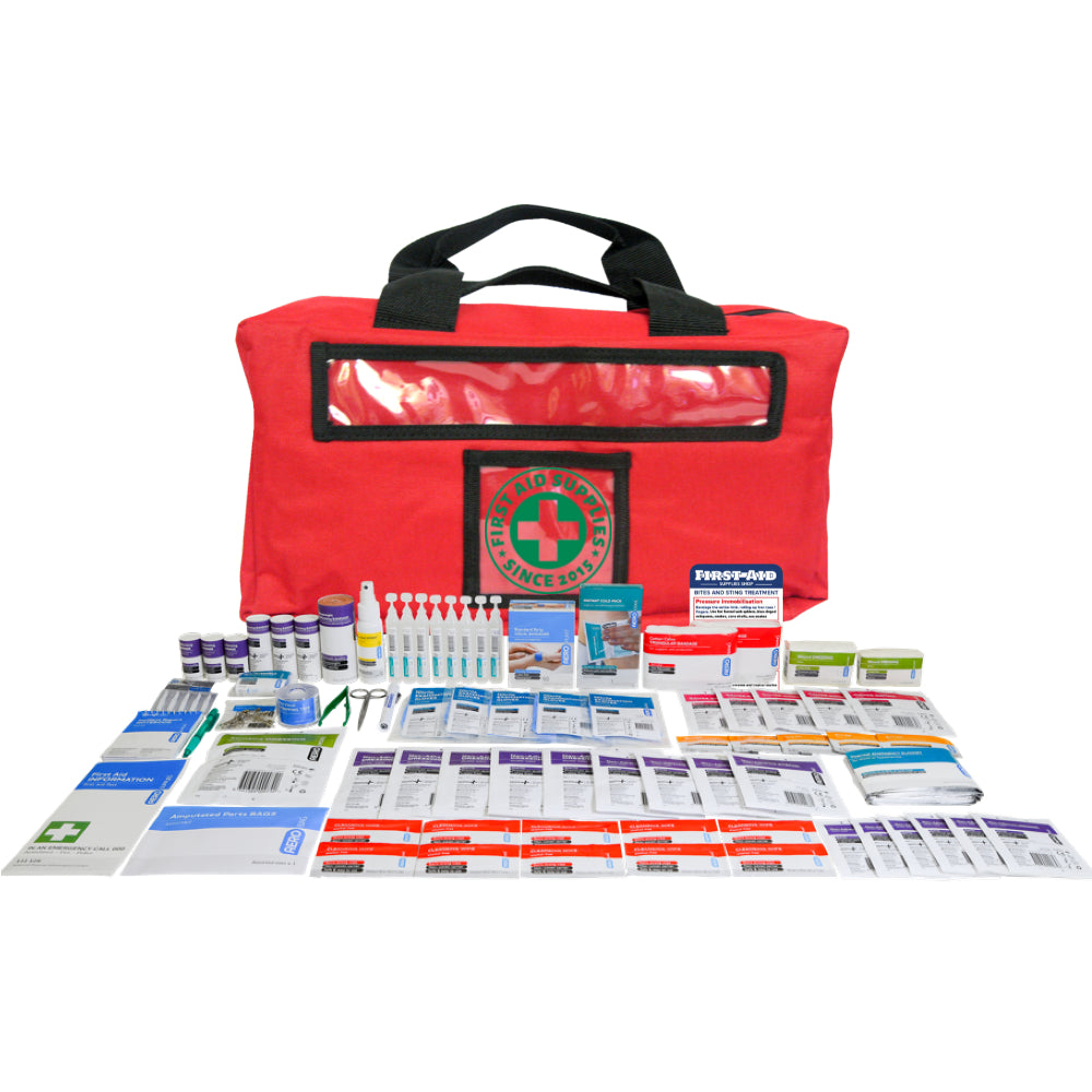 OSH workplace first aid kit for up to 10 staff, 36 x 18 x 12 cm, with labelled dressings and bandages
