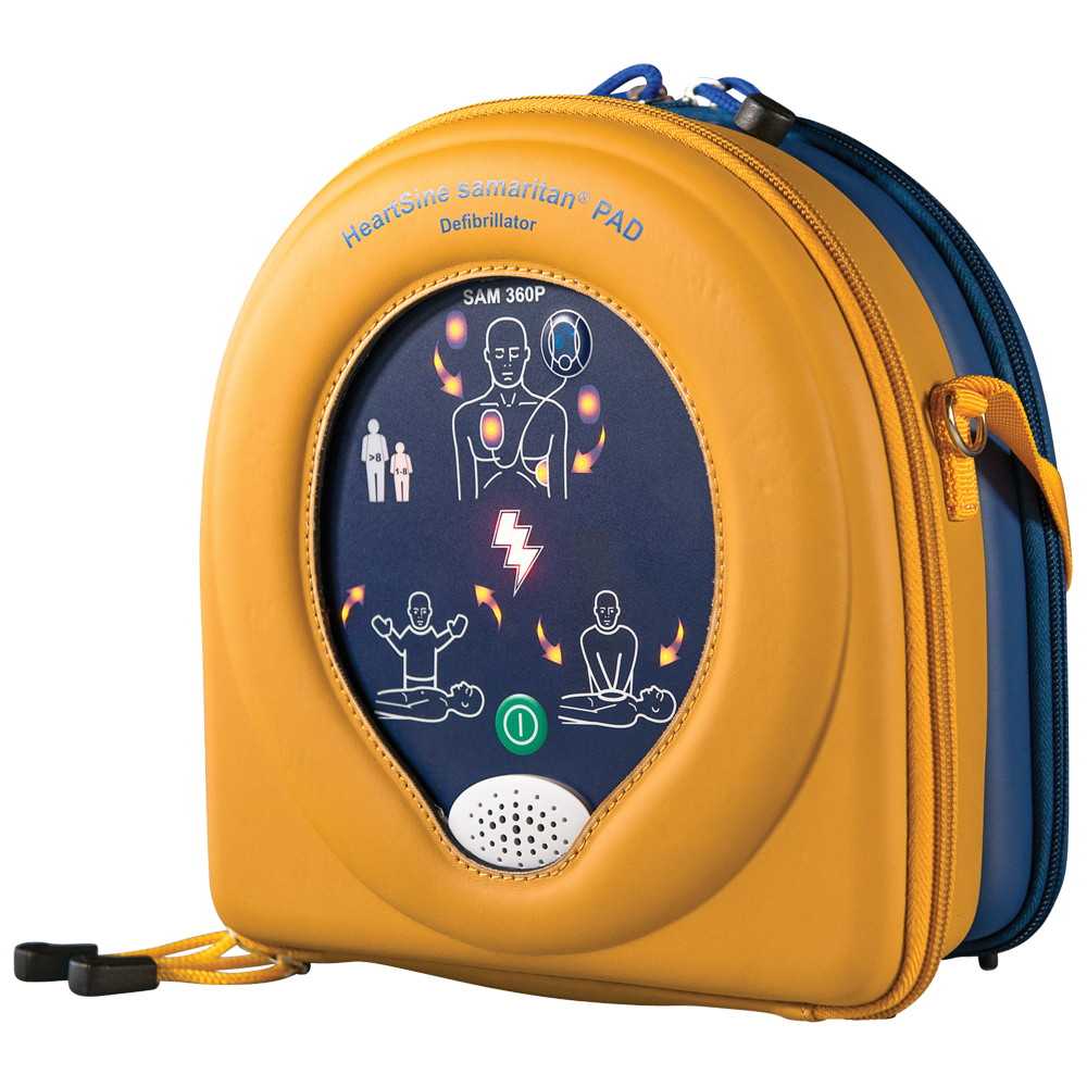 HeartSine 500P semi-automatic AED fitted with new adult SMART pads and a new long-life lithium battery