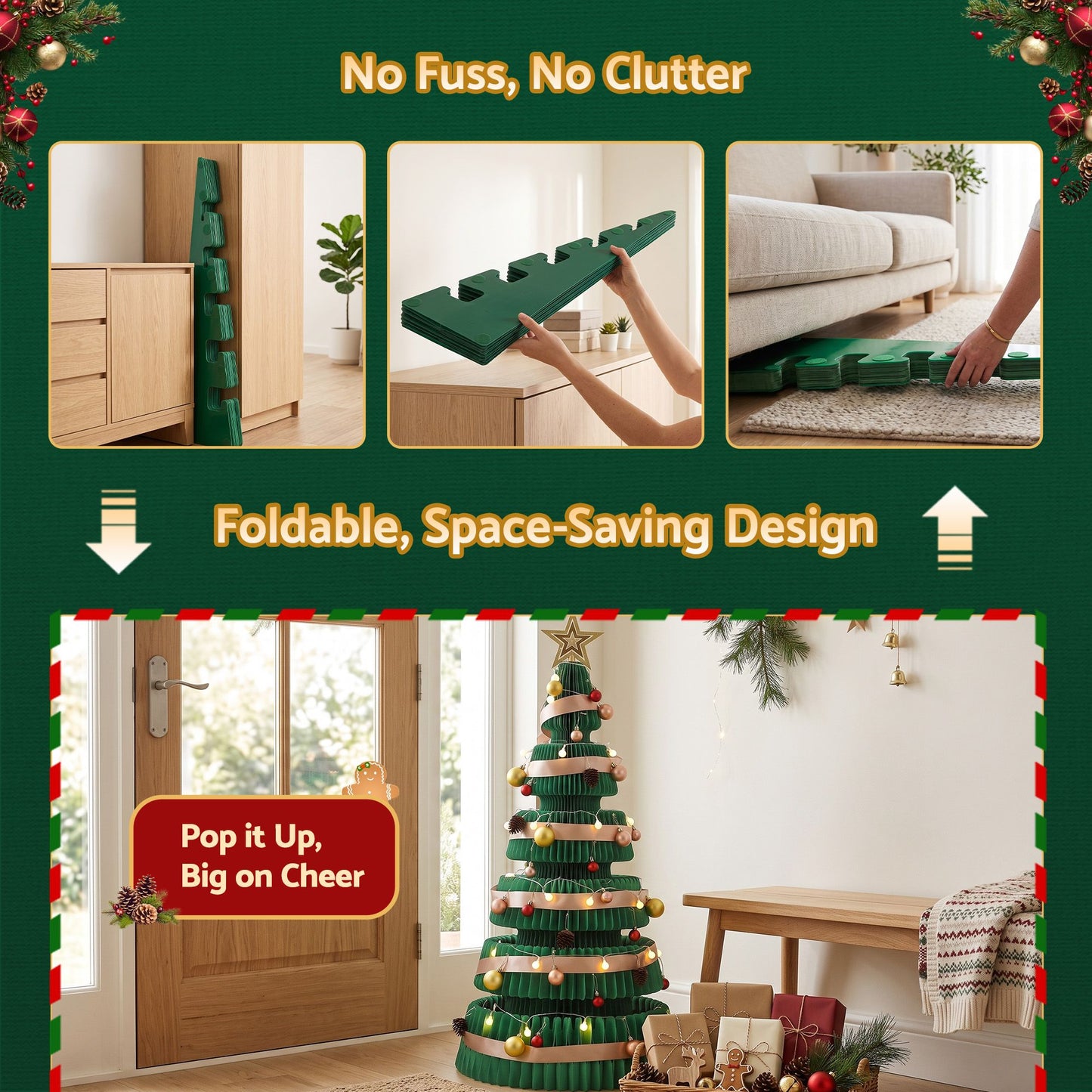 Jingle Jollys Paper Christmas Tree 111CM w/ Star Topper LEDs Xmas Decorations Kit Home Office Green