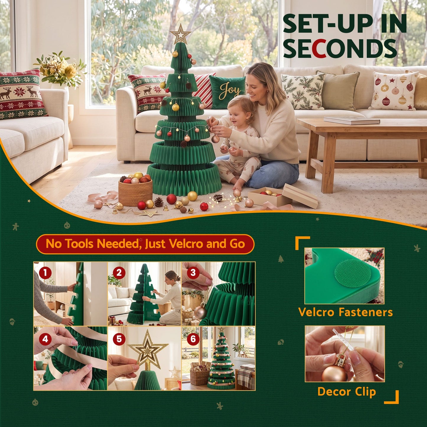 Jingle Jollys Paper Christmas Tree 111CM w/ Star Topper LEDs Xmas Decorations Kit Home Office Green
