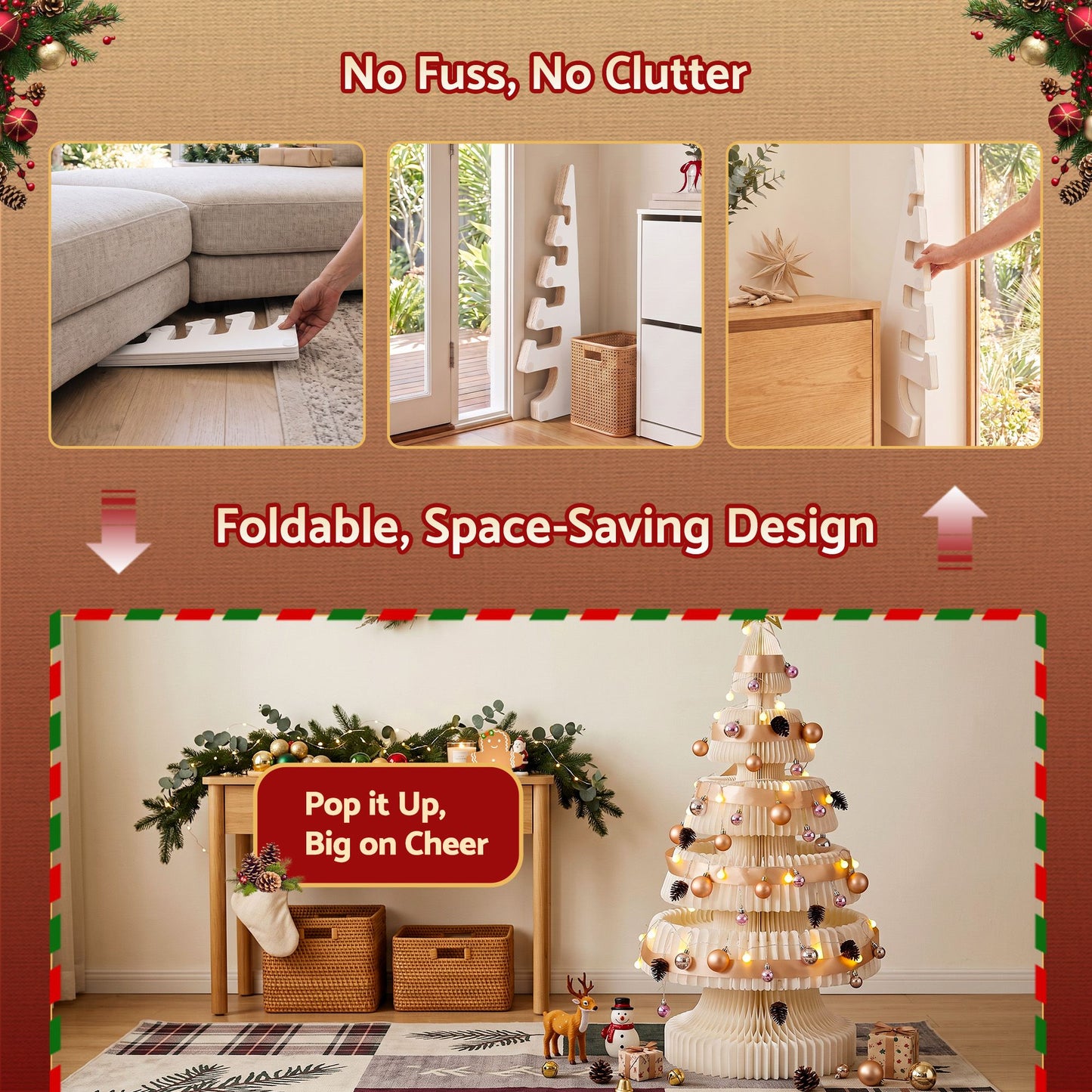Jingle Jollys Paper Christmas Tree 114CM w/ Star Topper LEDs Xmas Decorations Kit Home Office White