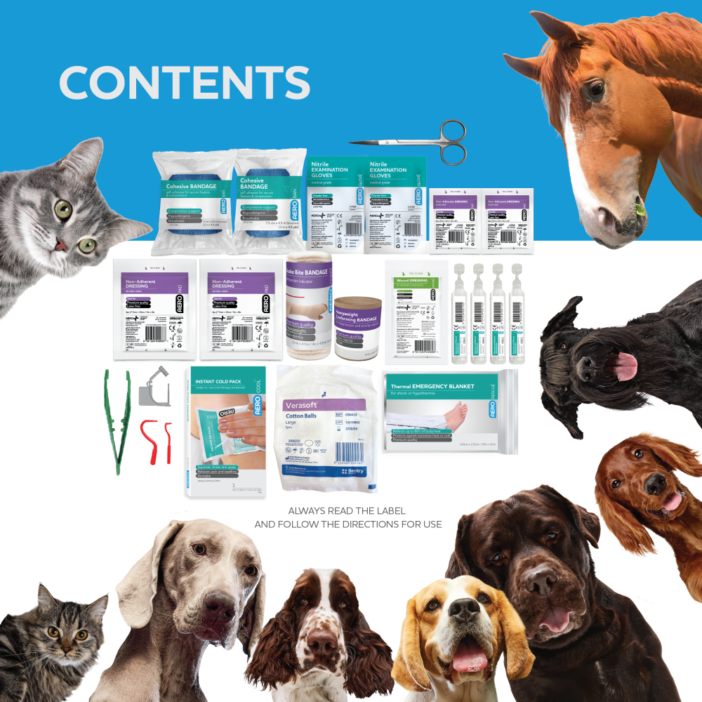 Pet kit with 4 sodium chloride eyewash ampoules, an instant ice pack and a thermal blanket