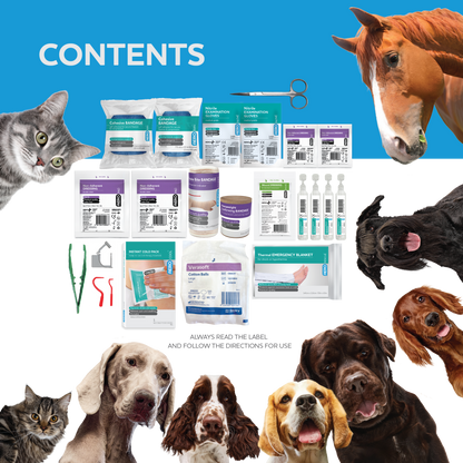 Pet kit with 4 sodium chloride eyewash ampoules, an instant ice pack and a thermal blanket