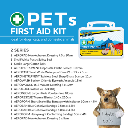 Pet first aid kit with stainless steel scissors, plastic forceps and a red plastic tick twister