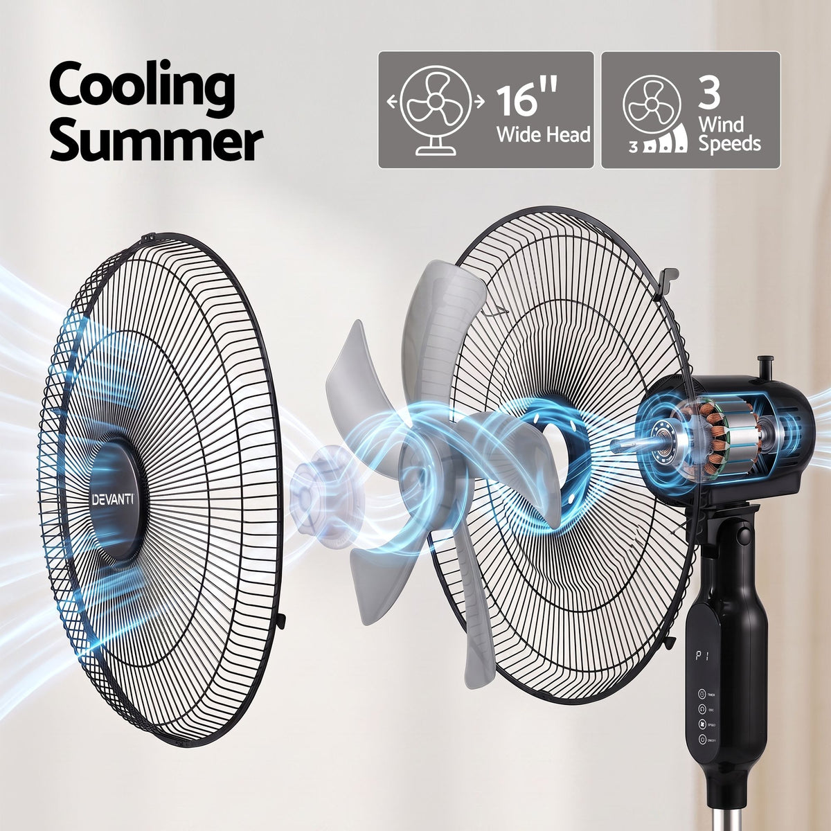 Devanti 16 inch Pedestal Fan with Remote - Black - view 4
