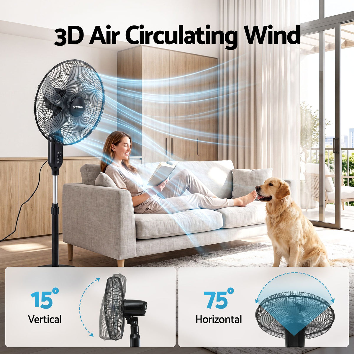 Devanti 16 inch Pedestal Fan with Remote - Black - view 6