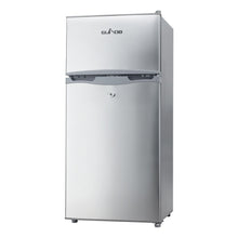 Silver Glacio compact refrigerator with top freezer, sleek design for small spaces